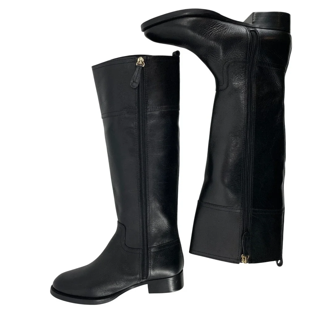 Tory Burch Riding Boots Womens 5M Black Leather Kiernan Gold Logo‎ Tall Zip